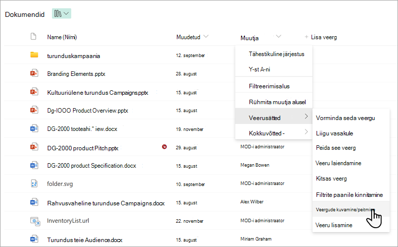 Screenshot showing the Show/hide columns command in a list.