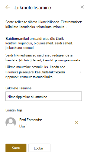Liikmete lisamise paneeli eelvaade.