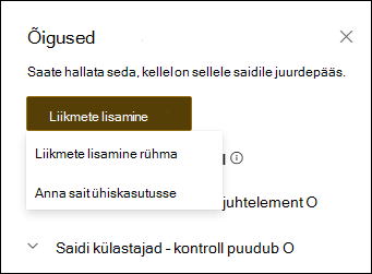 Õiguste paneeli eelvaade koos rippmenüüga.