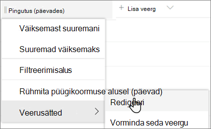 SharePointi veeru redigeerimise paan, kus on valitud suvand Kustuta