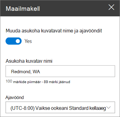 SharePointi saitide maailmakella veebiosa tööriistakast, mis näitab, kuidas kohandada kuvatavat nime ja ajavööndit