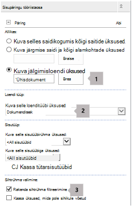 Sisupäringu veebiosa atribuudid kolme viiktekstiga