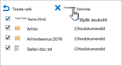 SharePoint 2016 teise astme prügikast, kus on valitud kõik üksused ja esile tõstetud nupp „Kustuta“