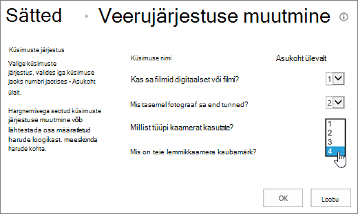 Dialoogiboks „Küsimuste järjestuse muutmine” ühe küsimuse ripploendi esiletõstuga 
