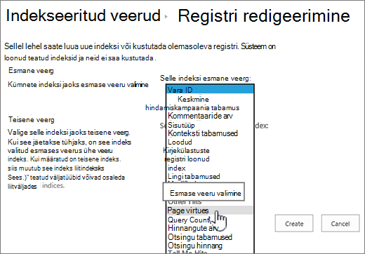 Indeksi redigeerimise leht, kus on rippmenüüst valitud veerg
