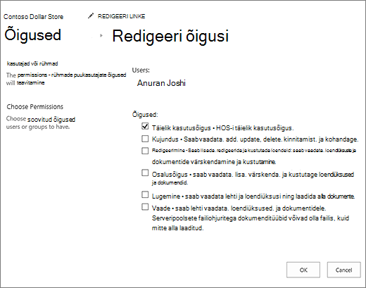 Õiguste taseme muutmine õiguste dialoogiboksis