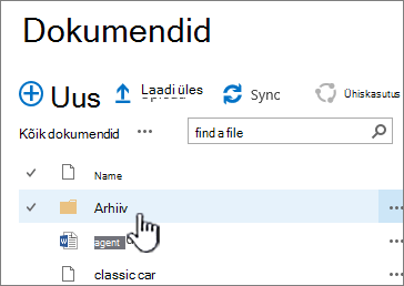 SharePoint 2016 dokumenditeek, kus on esile tõstetud kaust