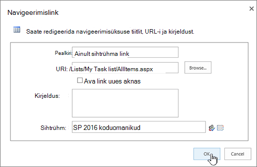Navigeerimislingi atribuudid, millel on esile tõstetud OK.