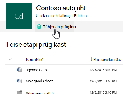 SharePoint Online’i teise astme prügikast, kus on esile tõstetud nupp „Tühjenda prügikast“