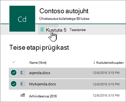 SharePoint Online’i teise astme prügikast, kus on esile tõstetud nupp „Taasta“