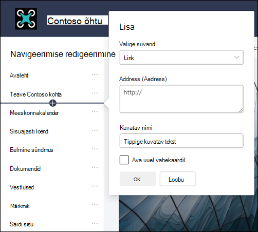 SharePointi meeskonnatöö saidi vasakule navigeerimispaanile lingi lisamine