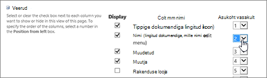 Dialoogiboksi „Vaate muutmine” käsk „Järjesta teegi veerud ümber”