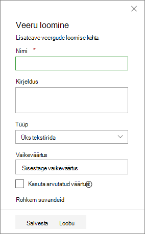 The create a column panel