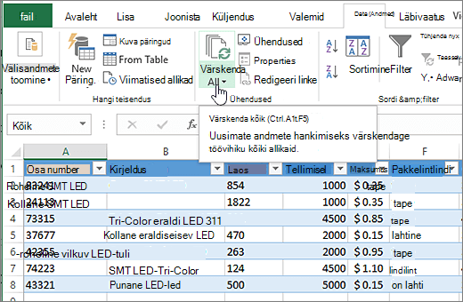Exceli arvutustabel koos imporditud loendi ja nupu „Värskenda kõik” esiletõstuga.