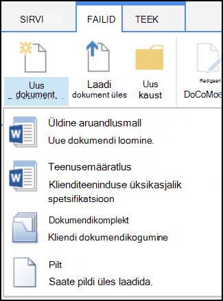 SharePointi menüü Uus dokument, kus on loetletud kohandatud sisutüübid