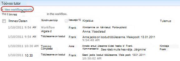 Töövooaruannete vaatamise linki klõpsamine töövoo ajaloo jaotises