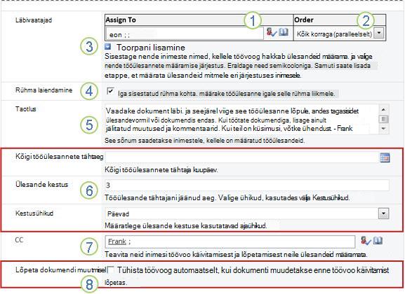 Seosevormi teine leht, kus on nummerdatud viiktekstid