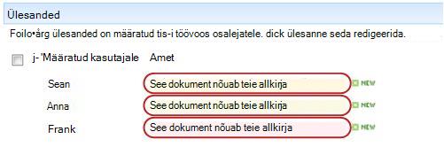 Tööülesande tiitel lehel Töövoo olek koos tähistava tekstiga