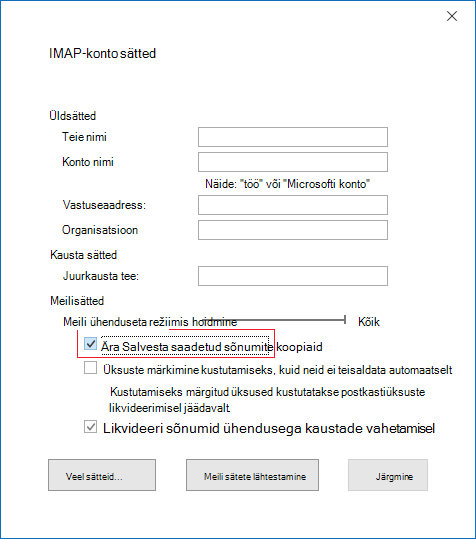 IMAP-konto sätted, ära salvesta saadetud üksuste koopiaid