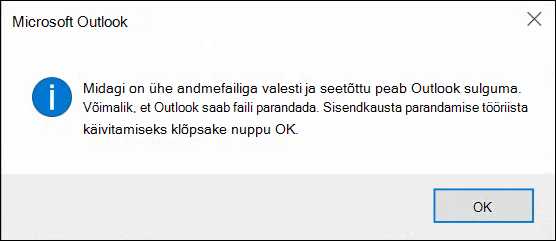 Mõne teie andmefailiga on midagi valesti ja Outlook peab sulgema.