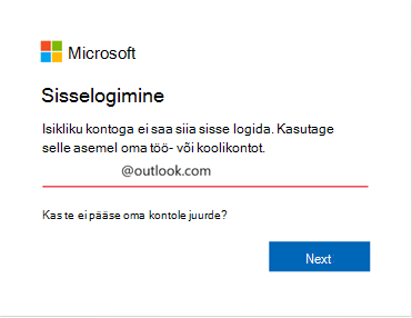 Outlooki sisselogimistõrke kuvatõmmis