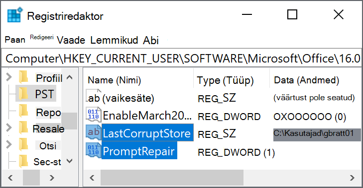 Registrisätted LastCorruptStore PromptRepair=dword:00000001