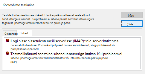 Kuvatõmmis kontosätete testimise akna vahekaardist Tõrked – IMAP