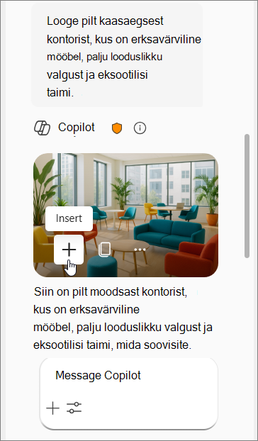 Kuvab Copiloti juhise moodsa kontori pildi jaoks, millel on kujutatud värvilist mööblit, loomulikku valgust ja eksootilisi taimi, millele järgneb neli pilti.