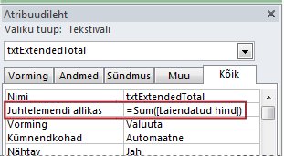 Avaldis tekstivälja atribuudis Juhtelemendi allikas