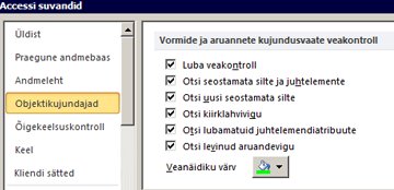 Objektikujundajate kategoorias saada olevad tõrkekontrollisätted