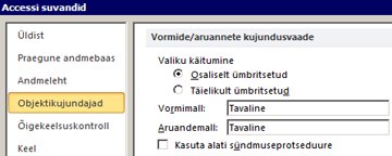 Kuvab vormi- ja aruandekujundaja sätete suvandid