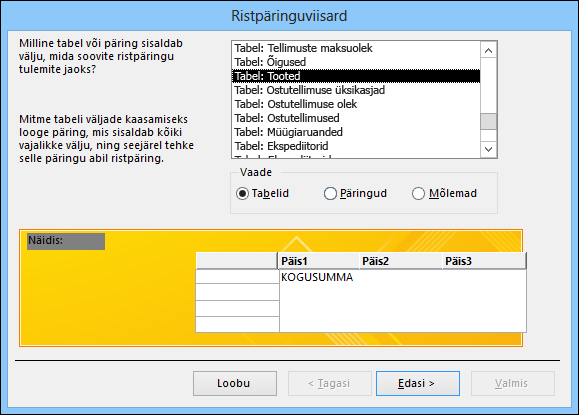 Valige ristpäringuviisardil tabel või päring.