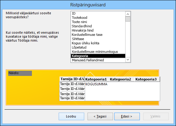 Ristpäringuviisard, kus veerupäiste jaoks on valitud kategooria