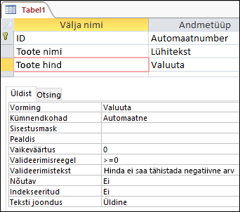 Välja valideerimisreegli kuvamine Accessi tabelikujundajas