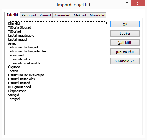 Valige dialoogiboksis Objektide importimine imporditavad objektid