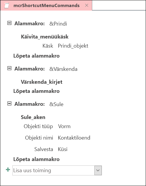 Kolme alammakrolausega Accessi makrokujundusakna kuvatõmmis.