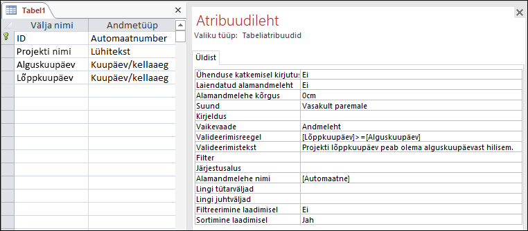 Tabeli valideerimisreegel Accessi tabelikujundajas