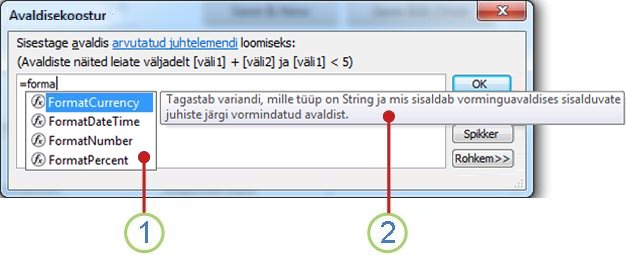 Rippmenüü IntelliSense ja kohtspikker