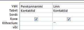 Päringukujundaja, mille kriteeriumide alusel kuvatakse tühja väärtuseväljaga kirjed