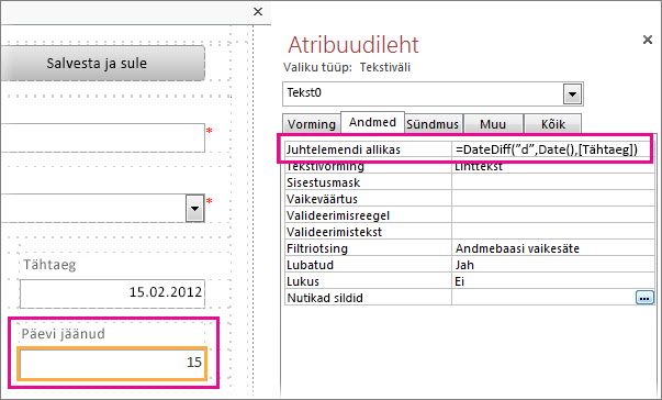 Funktsiooni DateDiff sisestamine tekstivälja atribuuti Juhtelemendi allikas.