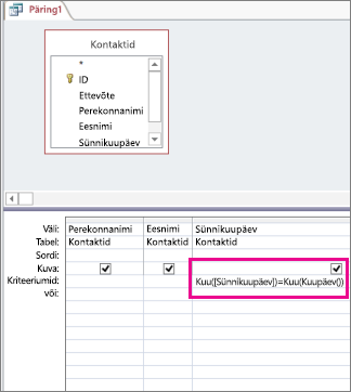 Expression in the Criteria row for DOB field