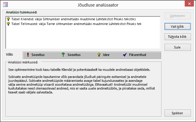 Jõudluse analüsaatori tulemuste dialoogiboks pärast selle funktsiooni käitamist Accessi andmebaasis.