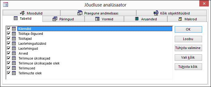Accessi dialoogiboks Jõudluse analüsaator