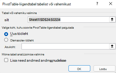 Excel for Windowsi dialoogiboks PivotTable-liigendtabeli loomine, kus on kuvatud valitud lahtrivahemik ja vaikesuvandid.