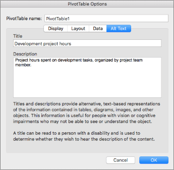 Excel PivotTable-liigendtabeli aseteksti dialoogiboks.