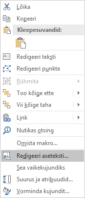 Excel Win32 kujundite menüü Aseteksti redigeerimine