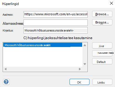 Dialoogiboks Hüperlingid rakenduses Visio for Windows.
