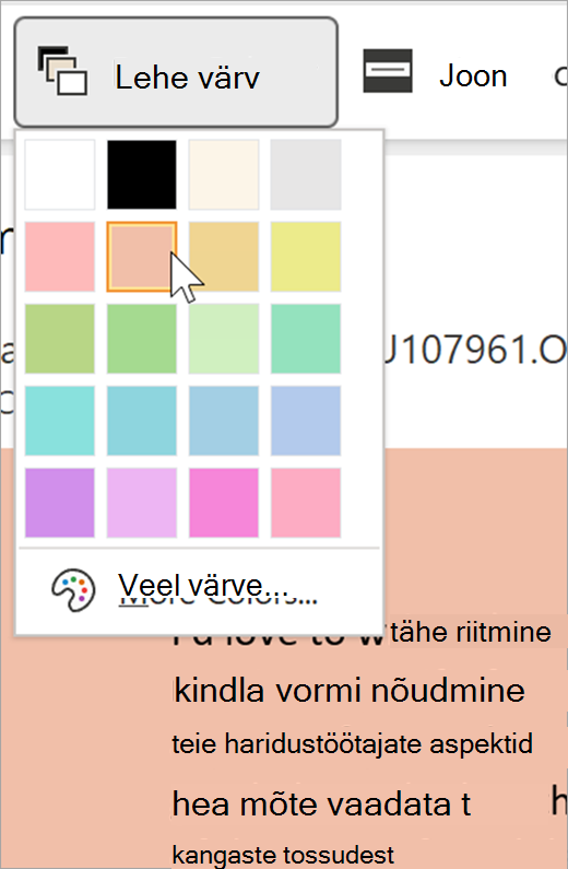 Süvalugeri lehevärvi rippmenüü kuvatõmmis. Kuvatakse värvipalett ja ripploendi taga nähtav taust on pastelne oranž