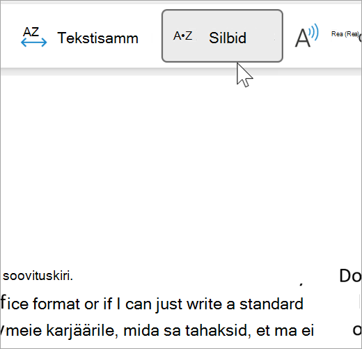 Valitud süvalugeri silbifunktsiooni kuvatõmmis, millel on silpideks eraldatud meilisõnumis mõni sõna. the word recommendation is shown as rec dot om dot men dot da dot tion