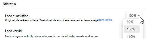 Lehesuumi tasemete rippmenüü kuvatõmmis.